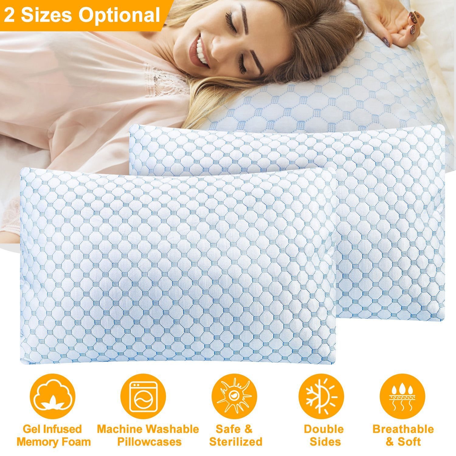 2Pcs Or 1Pc Cooling Memory Foam Pillow Ventilated Soft Bed Pillow With Cooling Gel Infused Memory Foam Machine Washable