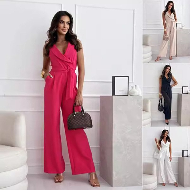 V-neck Sleeveless Jumpsuit With Belt Design Summer Fashion Trousers Women’s Clothing