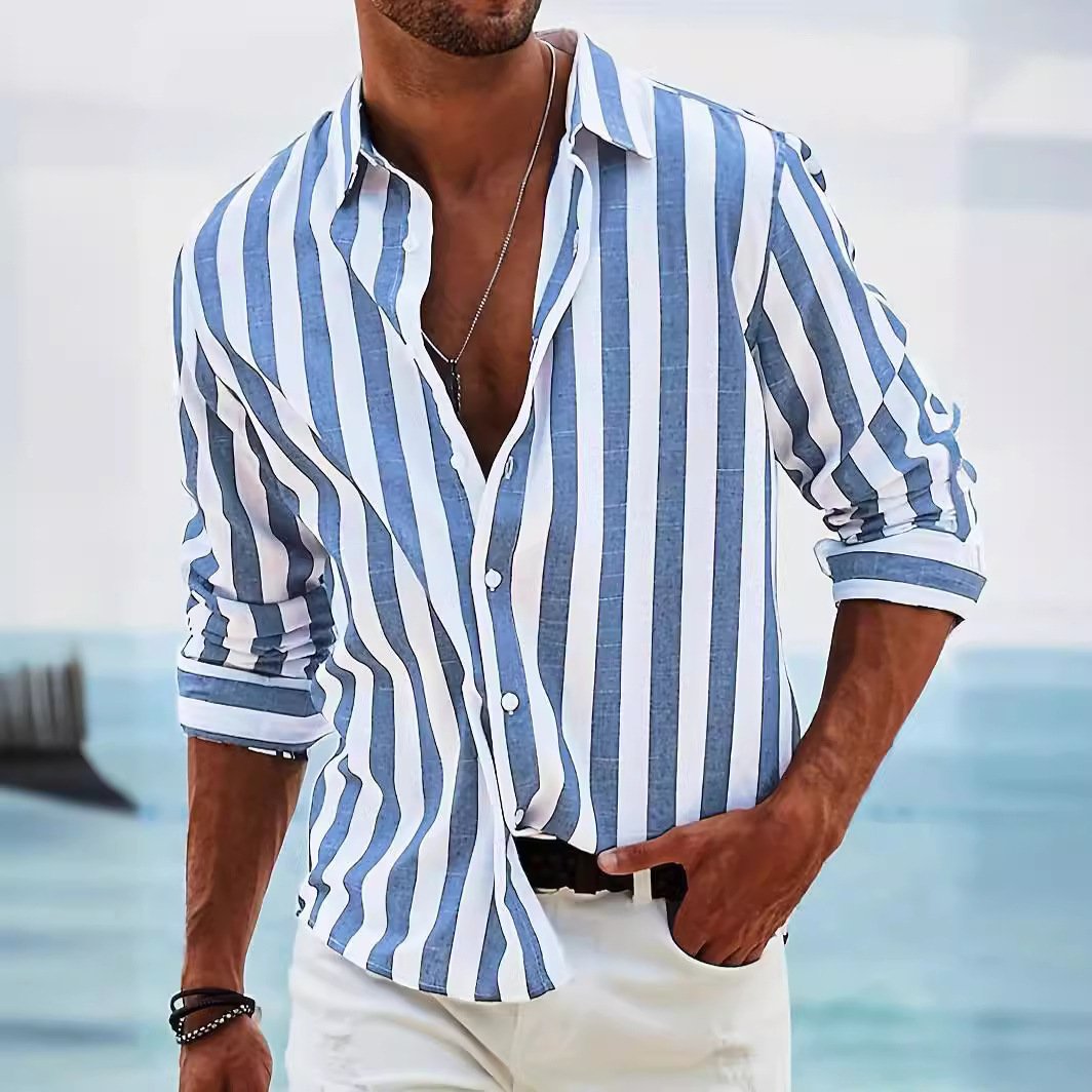 Striped Print Shirt Casual Loose Long-sleeved Shirt Men’s Clothing