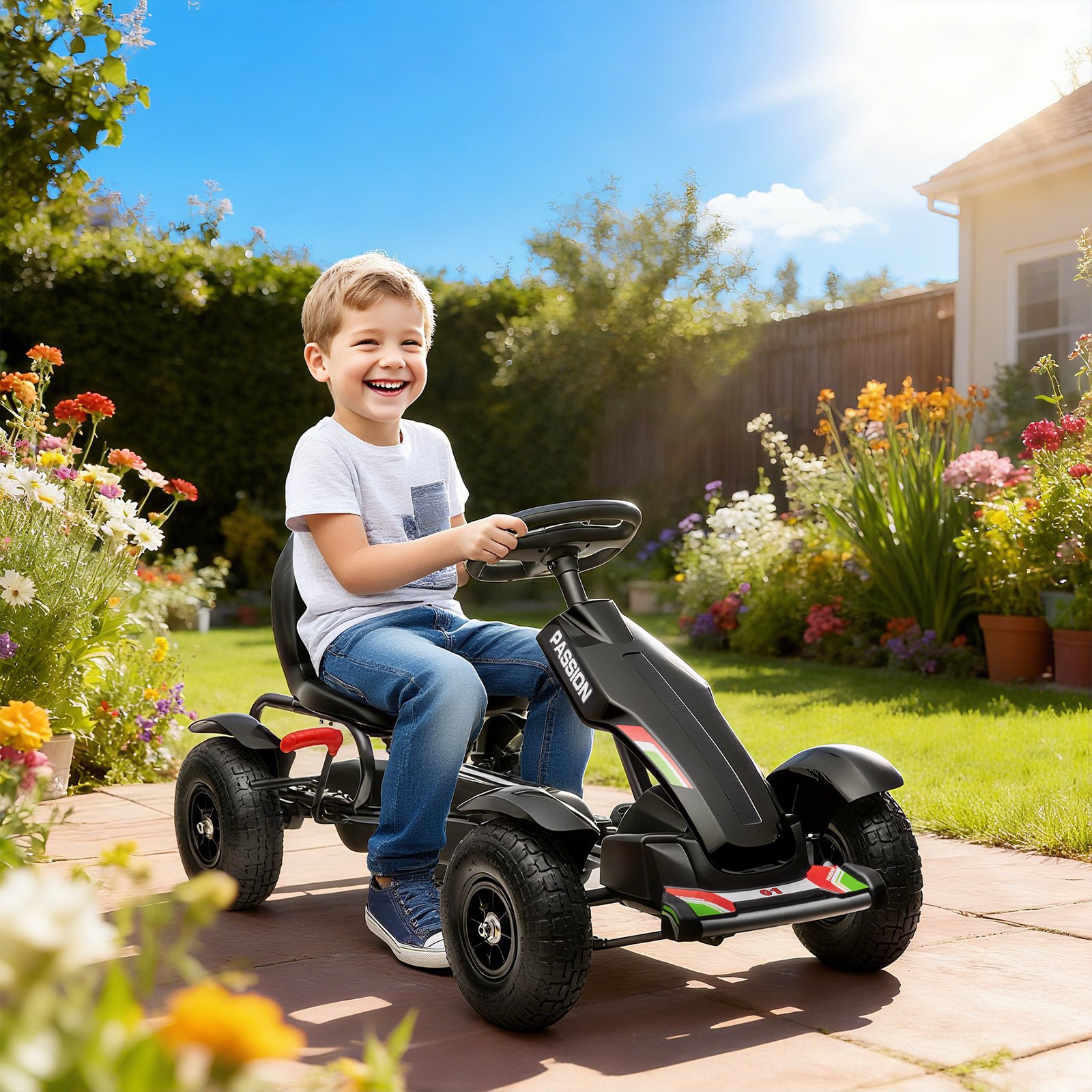 Kids Pedal Go Kart, Outdoor Ride on Toys with Adjustable Seat, Sharp Handling, Handbrake, 4 Non-Slip Rubber Wheels for Boys & Girls Aged 5-12 Years Old, Black