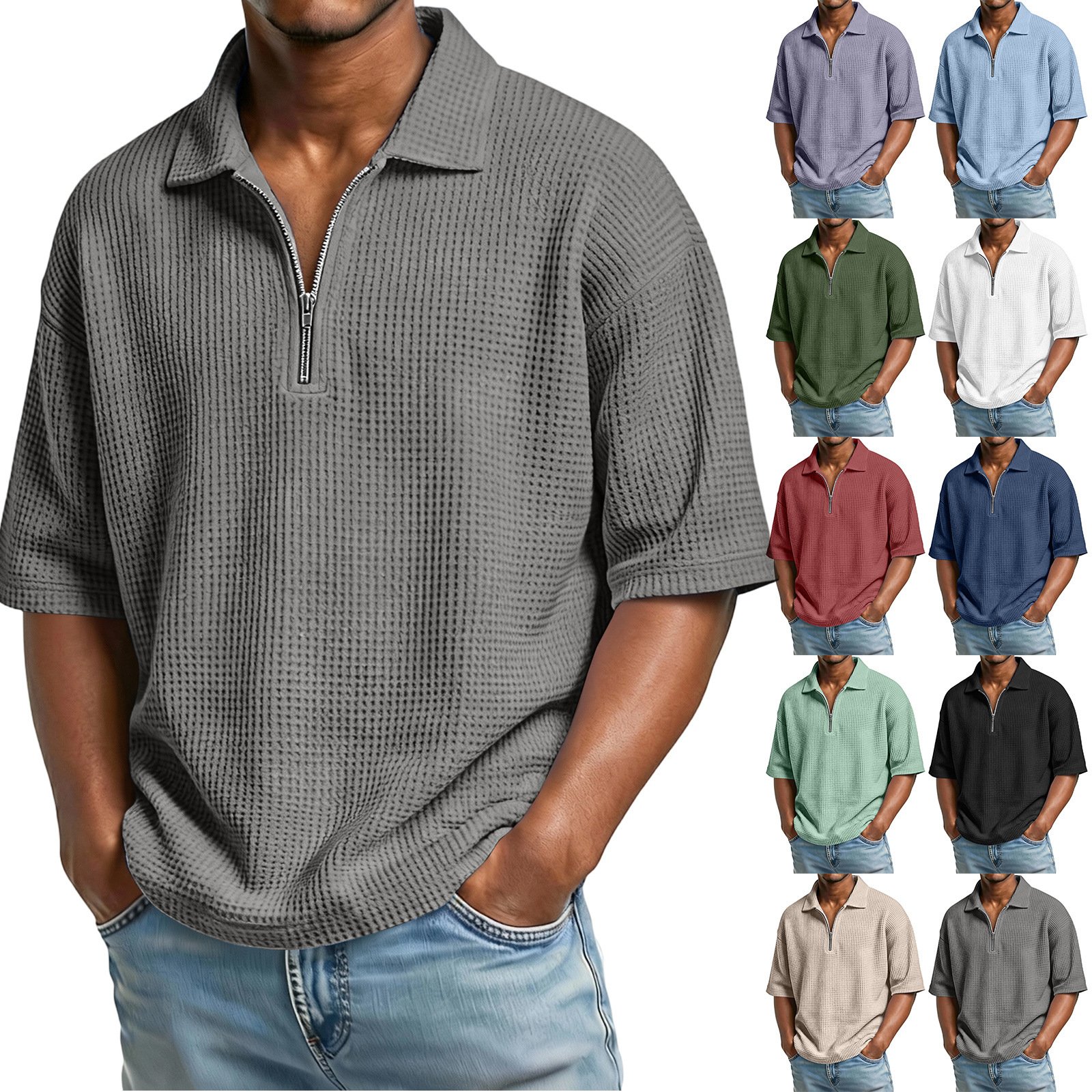 Men’s Waffle-Weave Short-Sleeved Shirts Summer Solid Color Lapel Polo Shirt T-Shirt Beach Style Tops