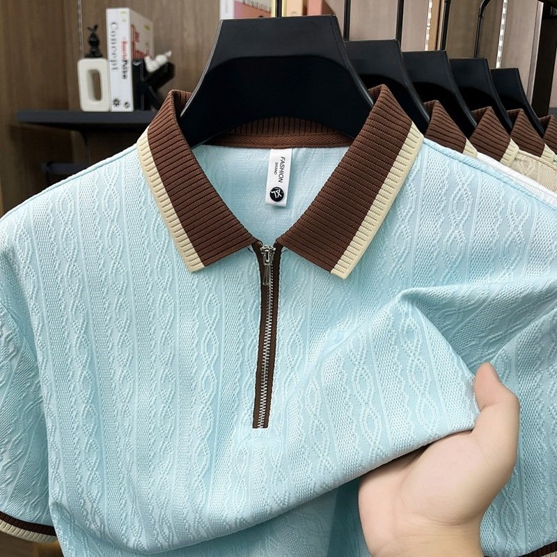 Fashionable Zippered Lapel Short-Sleeve Polo Shirt
