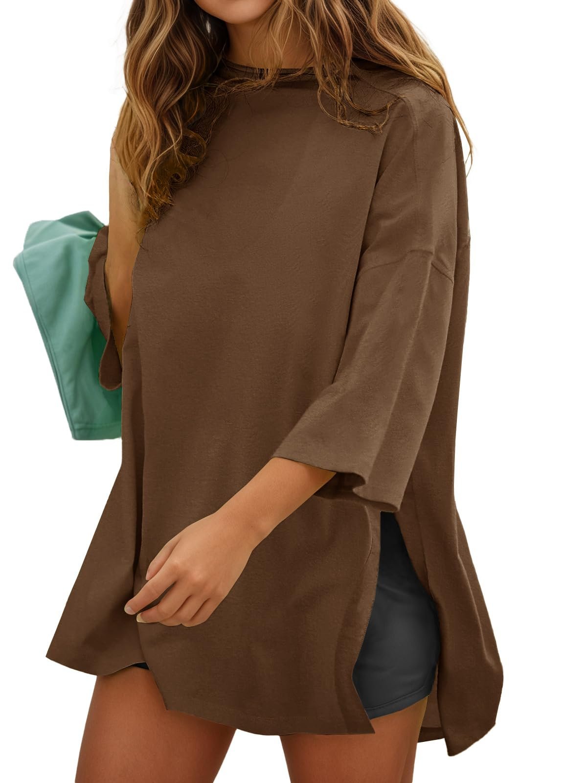 Fisoew Womens Oversized T Shirts Casual Sleeve Side Slit Workout Gym Loose Fit Summer Tee Tunic Tops
