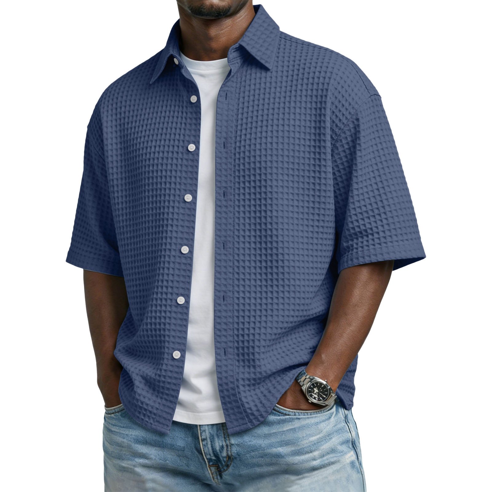 Men’s Solid-Colored Waffle-Weave T-Shirt With Lapel Collar